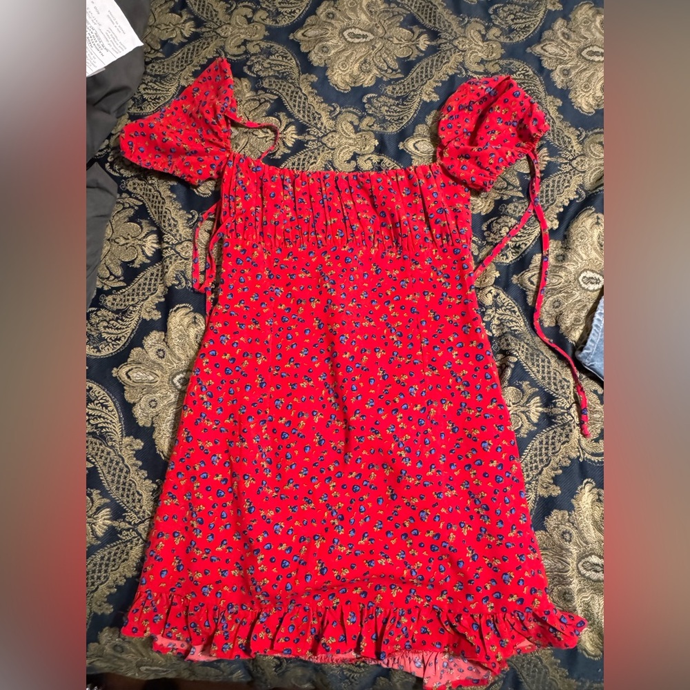 Red Floral Dress with Puff Sleeves
